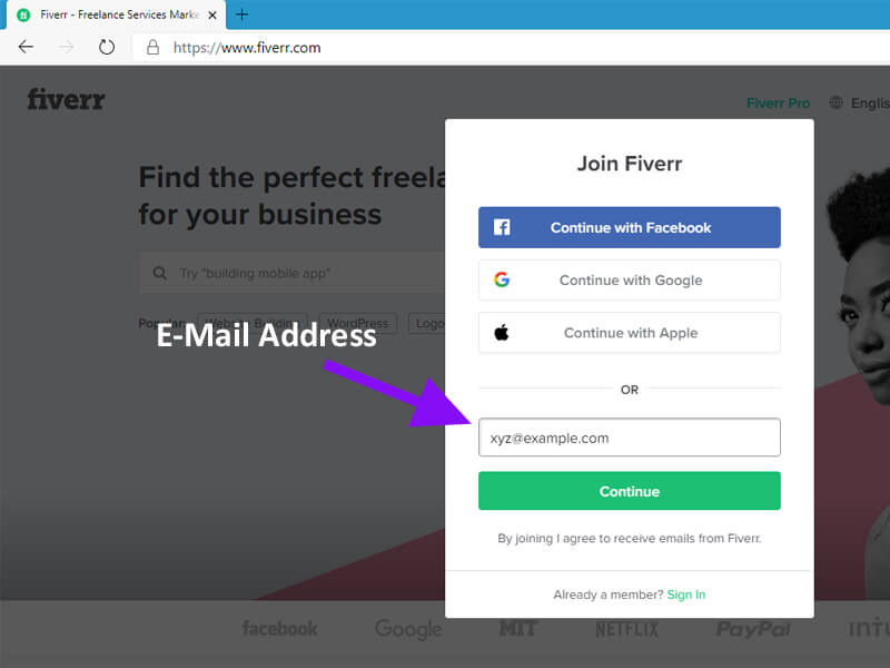 fiverr account creation using email
