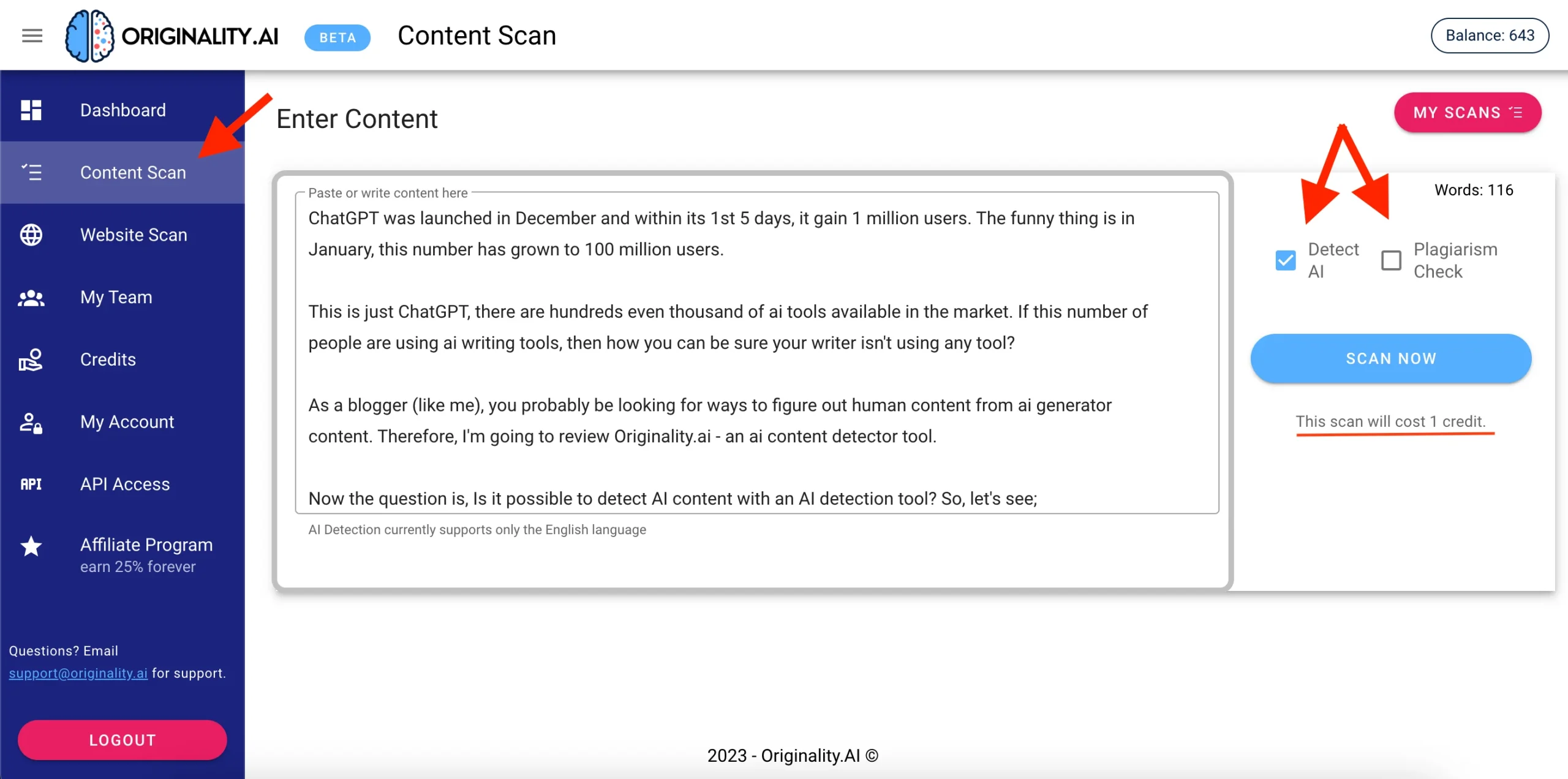 Originality ai content scan page