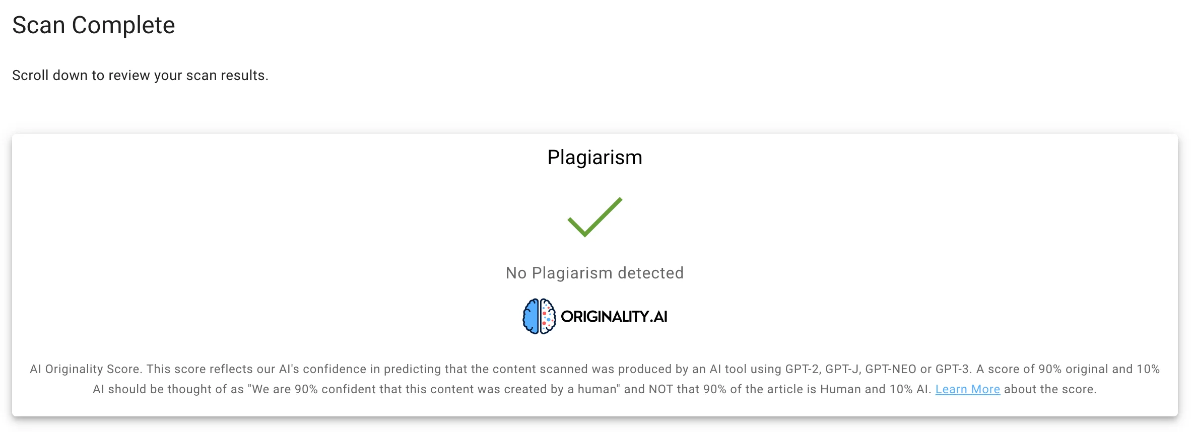 Originality plagiarism score